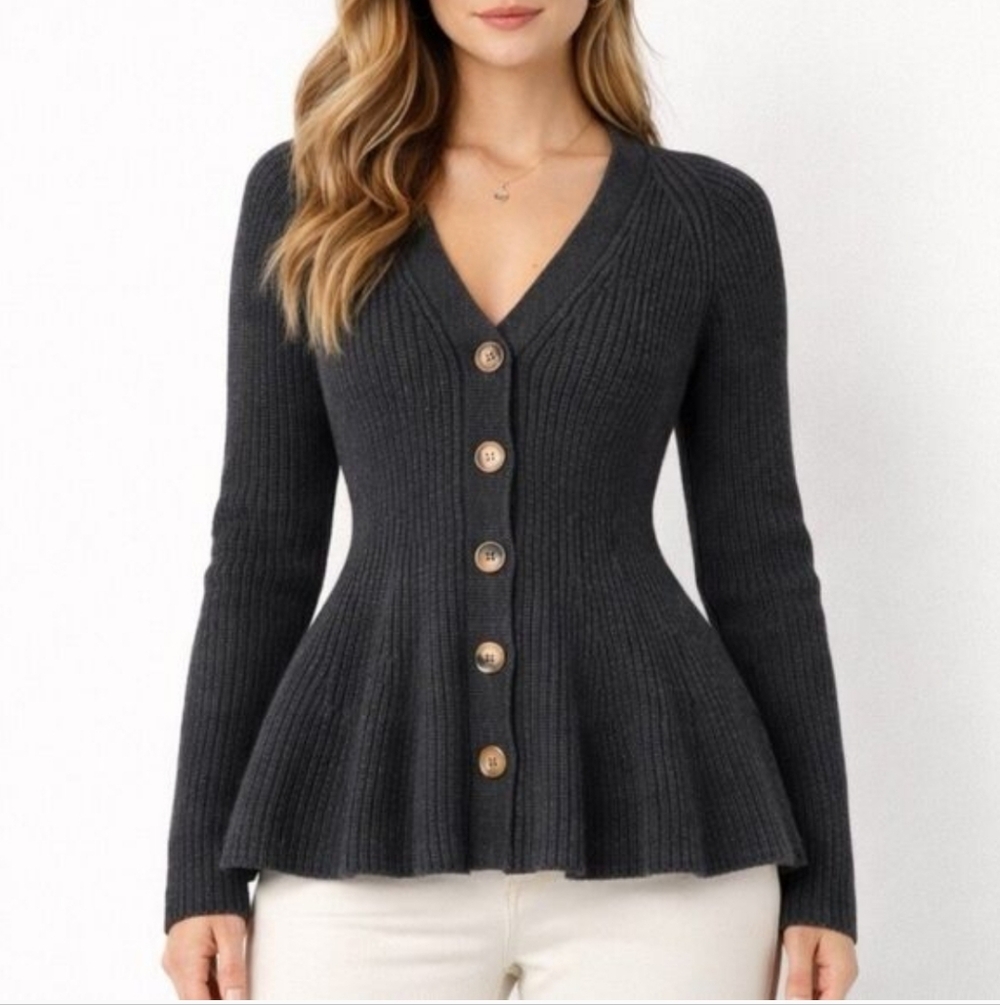 Zara Peplum Ribbed Wool Blend Cardigan Sweater Charcoal Grey Size Medium